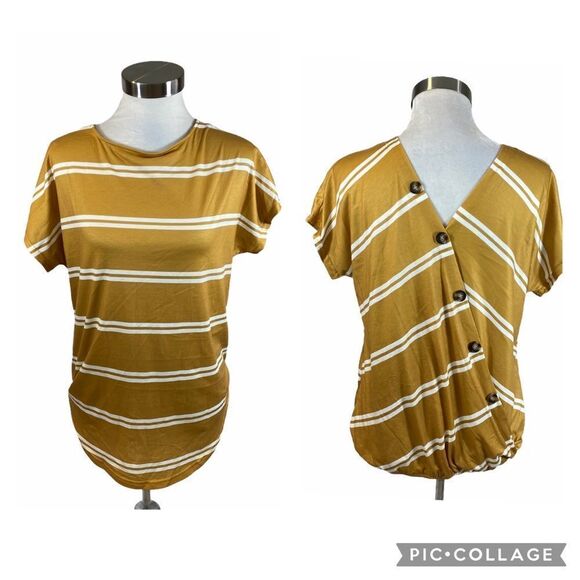 Striped Mustard Button Back Short Sleeved Blouse - Picture 1 of 9